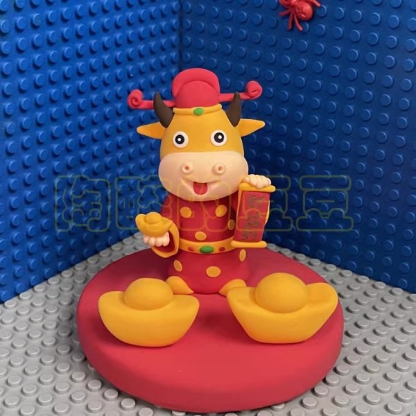 Cheerful Clay Cow Figurine with Lantern