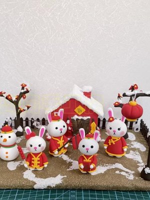 Festive Clay Bunny Winter Scene