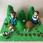 Playful Clay Hikers in a Green Landscape