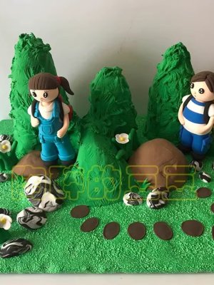 Playful Clay Hikers in a Green Landscape