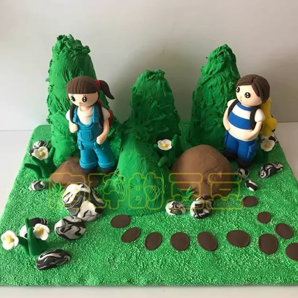 Playful Clay Hikers in a Green Landscape