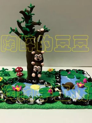 Playful Clay Tree with Animals and Ponds