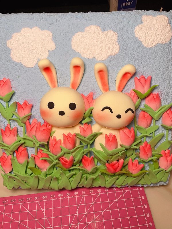 Whimsical Clay Bunny Scene with Flowers