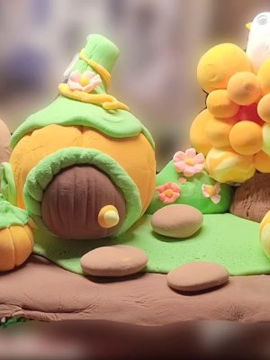 Whimsical Clay Pumpkin House and Fruit Tree