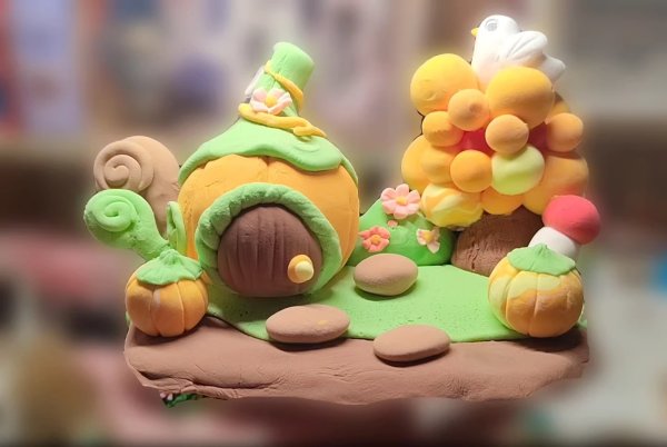 Whimsical Clay Pumpkin House and Fruit Tree