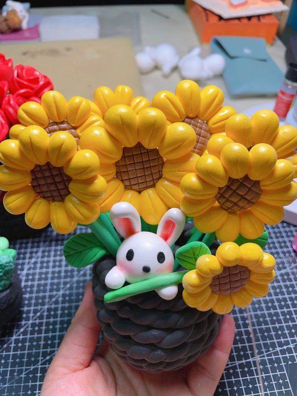 Whimsical Clay Sunflower Arrangement with Rabbit