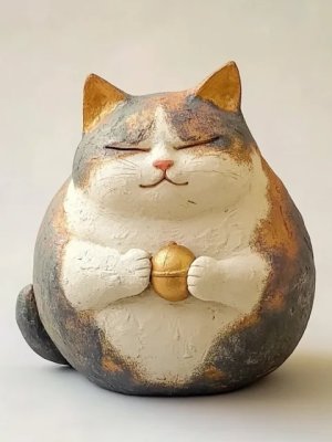 Charming Clay Cat Holding Bell