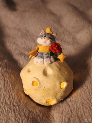 Whimsical Clay Cat on Moon